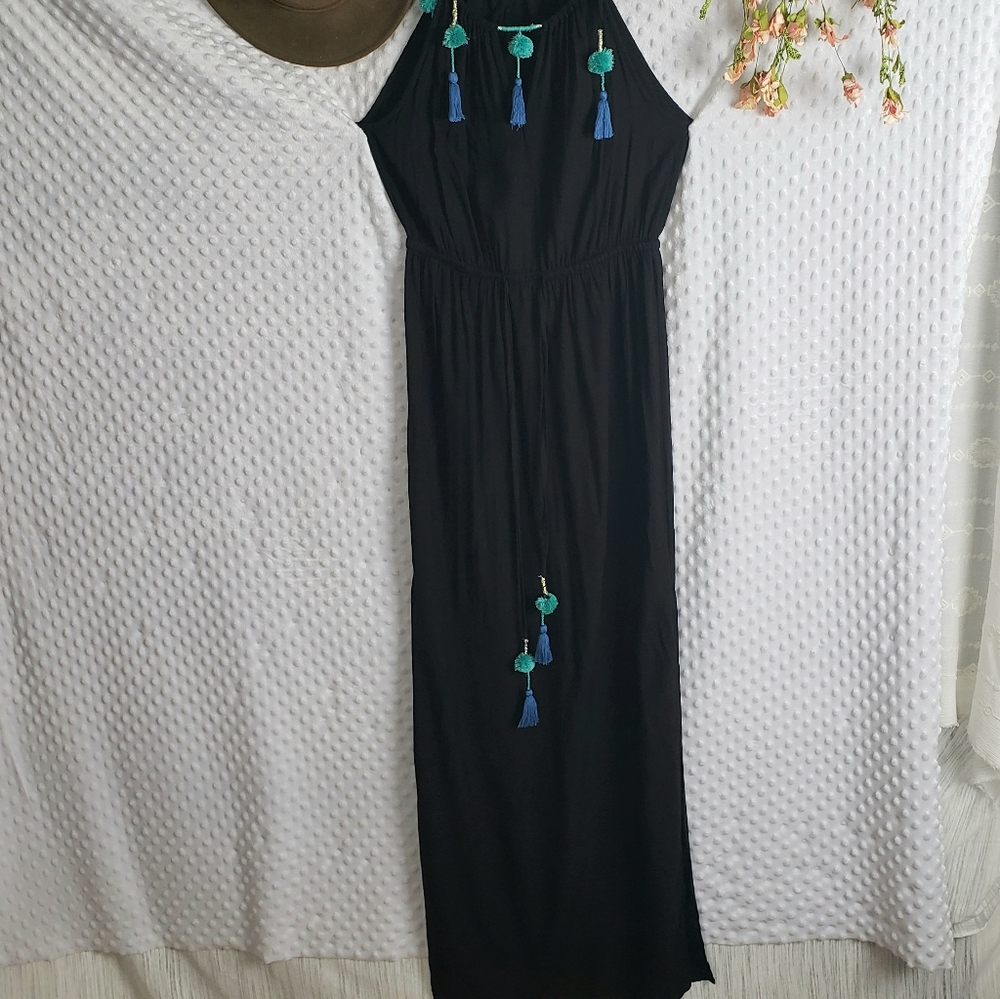 Lovestitch Boho Maxi Dress Small Black pom pom - Picture 2 of 5